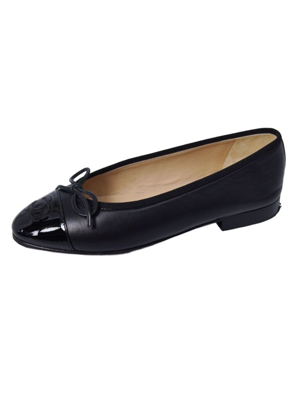 Chanel Pumps Ballerina Ribbon CC Logo Leather Shoes 34C Black